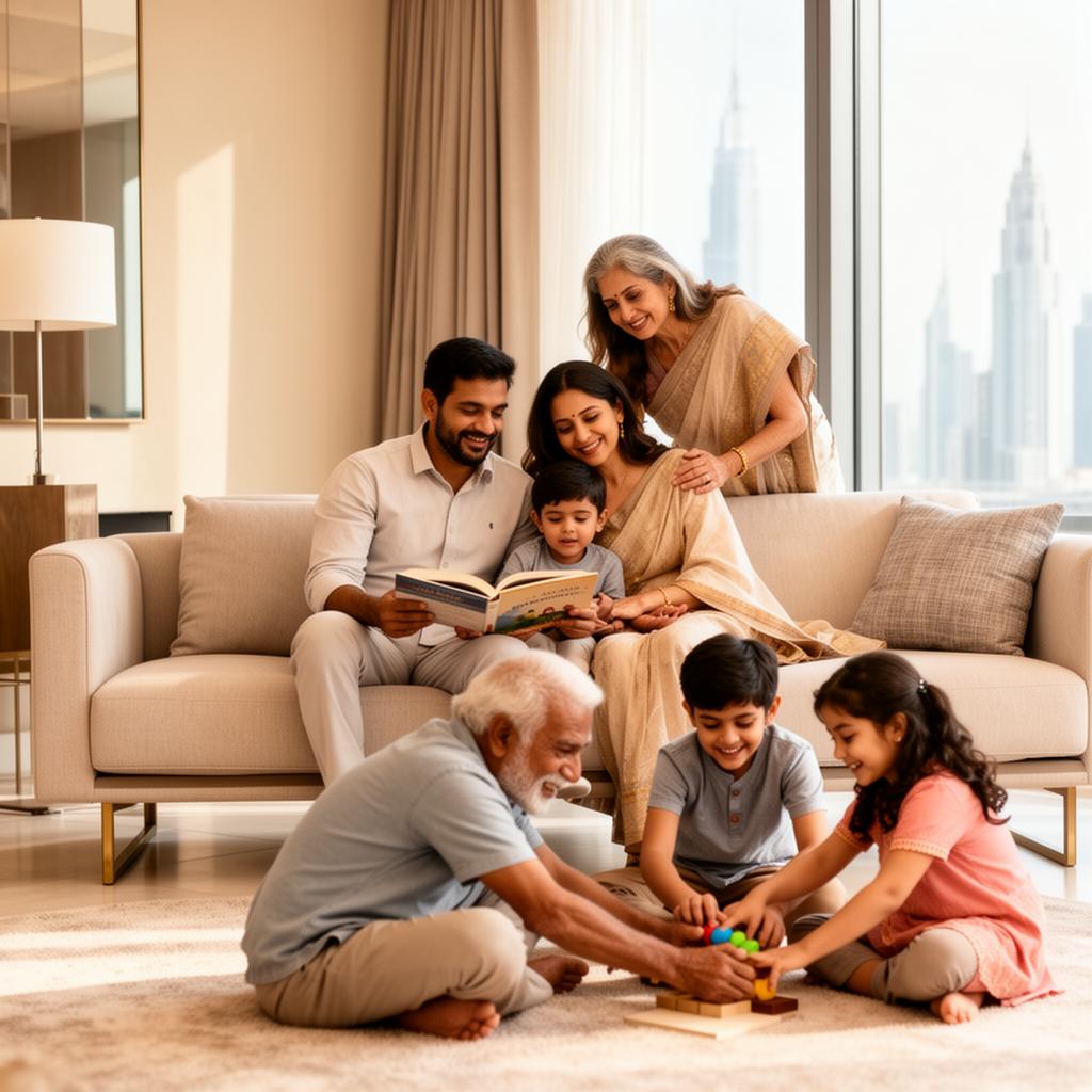 Family on a Dubai balcony at golden hour