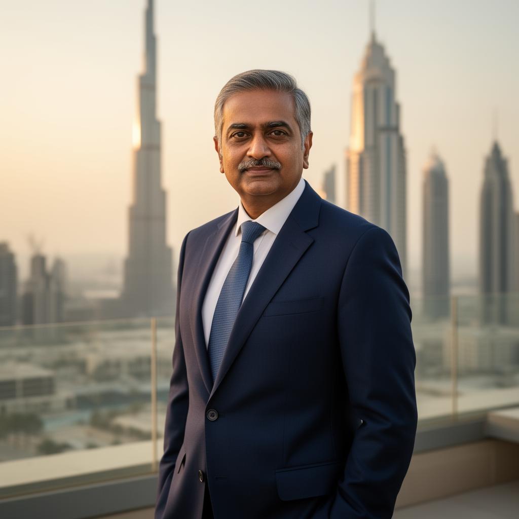 Distinguished businessman on a Dubai rooftop at golden hour