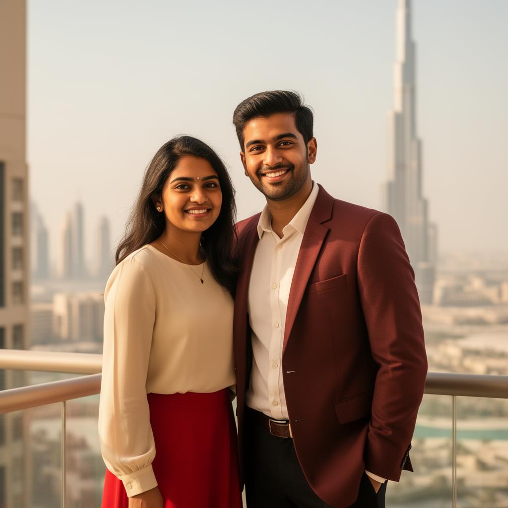 Young Indian expat couple on a Dubai apartment balcony
