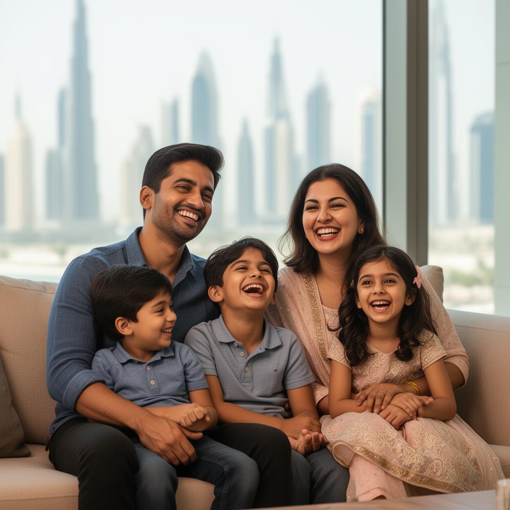 Happy Indian expat family of four at home in a Dubai apartment