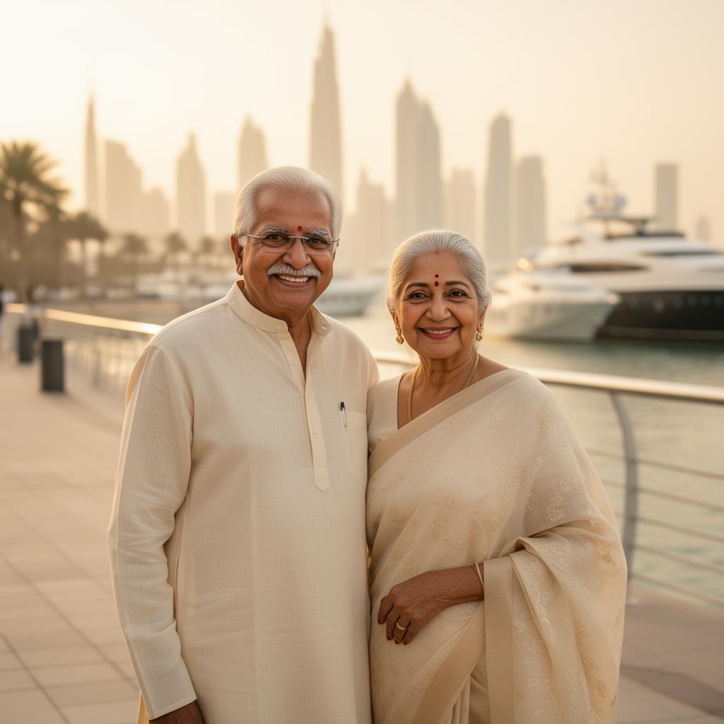 Elegant elderly couple on the Dubai Marina promenade at golden hour